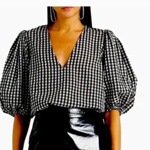 Worn on And Just Like That: GANNI Seersucker balloon sleeve check blouse (US 4)